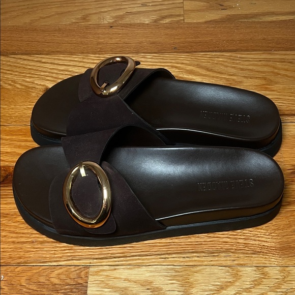 Steve Madden Brown Suede Sandals with Rose Gold Buckle - Picture 3 of 4